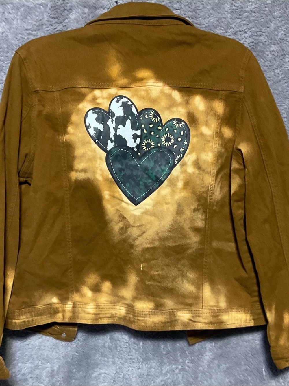 Upcycled Denim Women’s jacket in size XL brown distressed tie dye Trucker